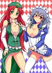  blush braid green_eyes he_(eve) hong_meiling izayoi_sakuya maid maid_headdress multiple_girls no_panties open_clothes red_eyes red_hair silver_hair thighhighs touhou twin_braids white_legwear 