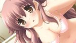  :o arms_behind_back blush bra breasts brown_eyes brown_hair close-up cropped hosaka_hina ikegami_akane large_breasts lingerie navel pink_bra solo underwear with_ribbon 