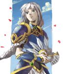  armor armored_dress blue_armor braid cloud day feathers helmet holding holy_pumpkin lenneth_valkyrie long_hair non-web_source petals sky solo valkyrie_profile 