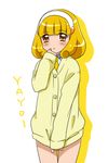  blonde_hair blush bottomless brown_eyes character_name curly_hair hairband highres kagami_chihiro kise_yayoi naked_sweater precure short_hair shy smile_precure! solo sweater white_background white_hairband 