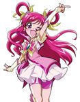  ;d arm_up bike_shorts brooch cure_dream eyelashes gloves hair_ribbon hair_rings happy jewelry long_hair magical_girl one_eye_closed open_mouth pink_hair pink_shorts pointing precure purple_eyes ribbon shorts shorts_under_skirt sinko_(sinsin) skirt smile solo white_background white_skirt yes!_precure_5 yumehara_nozomi 