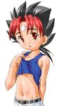  1boy abs bandage belt blue_shirt lowres male male_focus midriff mon_colle_knights multicolored_hair navel ooya_mondo red_eyes shirt simple_background solo tank_top two-tone_hair 