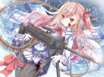  1girl aruka_(alka_p1) bangs blood blood_on_face bloody_clothes blue_sky blush bow bullet cloud cloudy_sky commentary_request day eyebrows_visible_through_hair girls_frontline gloves grey_legwear gun hair_between_eyes hair_bow hair_ornament hairclip hexagram highres holding holding_gun holding_weapon jacket long_hair long_sleeves negev_(girls_frontline) one_side_up outdoors pantyhose parted_lips pink_hair pleated_skirt red_bow red_eyes skirt sky smoke solo star_of_david very_long_hair weapon weapon_request white_gloves white_jacket white_skirt 