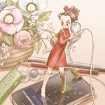  apple_inc. arrietty bag barefoot boots brown_eyes brown_hair cellphone clorets clothes_pin dress earbuds earphones earphones_removed flower holding iphone karigurashi_no_arrietty kiichi minigirl no_nose oversized_object pencil phone ponytail shoes single_shoe smartphone solo 