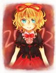  2012 bad_id bad_pixiv_id blonde_hair blouse blue_eyes border bow hair_bow looking_at_viewer medicine_melancholy red_background short_hair skirt smile solo tanahara_chiko touhou 
