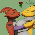  anthro armwear big_breasts breasts clothing digimon female fur guilmon j5furry kissing male open_mouth pregnant renamon saliva saliva_string scalie 
