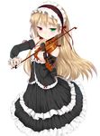  bad_id bad_pixiv_id blonde_hair detached_sleeves dress gothic_lolita green_eyes hairband heterochromia instrument lolita_fashion lolita_hairband long_hair masamuuu original red_eyes solo violin 