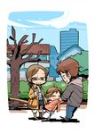  2girls ^_^ bag blush bow brown_eyes brown_hair closed_eyes coat family glasses hair_bow hood hoodie hounori multiple_girls original seesaw short_hair smile tree 