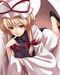  bad_id bad_pixiv_id blonde_hair brown_eyes dress finger_to_mouth hair_ribbon hat hat_ribbon long_hair lying on_stomach ribbon solo tabard takemori_shintarou touhou white_dress yakumo_yukari 