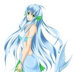  asagi_(xeelee) bare_shoulders blue_hair green_eyes long_hair looking_at_viewer looking_back madou_monogatari mermaid monster_girl open_mouth puyopuyo seriri_(puyopuyo) simple_background solo very_long_hair white_background 