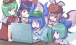  animal_ears annoyed bad_id bad_pixiv_id blue_eyes blue_hair bow can cirno coca-cola computer eno_(whiskeyne) expressive_hair glass green_eyes green_hair grey_eyes hair_bobbles hair_bow hair_ornament hair_tubes hakurei_reimu hat kagiyama_hina kawashiro_nitori laptop looking_back multiple_girls mystia_lorelei pink_hair product_placement red_eyes short_hair sitting touhou two_side_up wings 