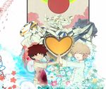  bad_id bad_pixiv_id bags_under_eyes blood bloody_clothes brown_hair closed_eyes flower heart male_focus mecha mononoke_(empty) monster multiple_boys open_mouth original palms_together red_eyes teeth 