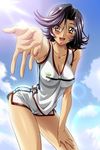  :d ano_machi_no_koi_no_uta bangs bare_shoulders black_hair blush breasts cleavage cloud covered_nipples day fingernails foreshortening game_cg gym_uniform hair_between_eyes hand_on_thigh hands highres jpeg_artifacts kamishima_tomoko kimura_takahiro large_breasts leaning_forward lens_flare light_rays long_fingernails open_mouth orange_eyes outdoors outstretched_arm outstretched_hand parted_bangs reaching shiny shiny_hair short_hair short_shorts shorts side_slit single_vertical_stripe sky smile solo spiked_hair standing sun sunbeam sunlight tan third-party_edit 