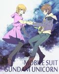  1girl audrey_burne banagher_links brown_eyes brown_hair green_eyes gundam gundam_unicorn holding_hands hood hoodie jacket lydi_(dd) orange_hair short_hair 