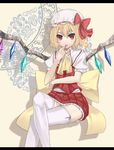  :o ascot bad_id bad_pixiv_id blonde_hair bow crossed_legs fang finger_to_mouth flandre_scarlet hat highres letterboxed ray-akila red_eyes sitting skirt skirt_set solo thighhighs touhou white_legwear wings 