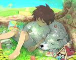  bad_id bad_pixiv_id barefoot brown_hair closed_eyes creature dappled_sunlight dog flower leaf male_focus mononoke_(empty) nose_bubble original painting_(object) plant shoes sketchbook sleeping sneakers squirrel sunlight tears tree 