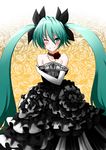  aqua_eyes aqua_hair bad_id bad_pixiv_id bare_shoulders blush choker crossed_arms dress elbow_gloves gloves gown hatsune_miku highres jewelry long_hair necklace nekota_susumu one_eye_closed smile solo strapless strapless_dress twintails very_long_hair vocaloid 