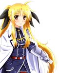  belt blonde_hair blush card cloak diesel-turbo fate_testarossa gauntlets long_hair lyrical_nanoha mahou_shoujo_lyrical_nanoha_strikers recursion red_eyes smile solo thighhighs twintails uniform 