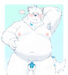 2023 anthro armpit_hair balls belly big_belly blush body_hair bulge canid canine canis chastity_cage chastity_device domestic_dog dragon_night800 flaccid fur genitals hi_res humanoid_hands kemono lifewonders live_a_hero male mammal moobs navel nipples nude overweight penis solo white_body white_fur yohack