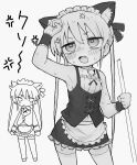  1girl alternate_costume anger_vein angry animal_ears apron arm_up bags_under_eyes bell blush broom cat_ears cowboy_shot doodle_inset dovepopon enmaided fake_animal_ears fang frown glaring greyscale hair_ribbon half-closed_eyes highres holding holding_broom jingle_bell kill_me_baby looking_ahead maid maid_headdress miniskirt monochrome multiple_views navel neck_bell open_mouth ribbon shirt simple_background skirt sleeveless sleeveless_shirt sonya_(kill_me_baby) standing thighhighs translation_request twintails underbust v-shaped_eyebrows vest waist_apron wrist_cuffs 