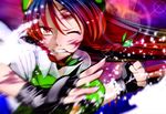  action bad_id bad_pixiv_id black_gloves blood blood_on_face braid clenched_hand clenched_teeth fingerless_gloves gloves hair_ribbon hat hong_meiling long_hair one_eye_closed orange_eyes red_eyes red_hair ribbon scrape solo teeth torizousui touhou twin_braids wince 
