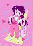  1girl artist_name bag bishoujo_senshi_sailor_moon breasts green_socks highres hino_rei open_mouth overalls pink_background pink_eyes pink_overalls scene_reference shopping_bag socks solo standing triangle white_footwear yuki_oto 