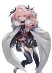  1boy armor astolfo_(fate) black_bow boots bow braid cape eyebrows_visible_through_hair fang fate/apocrypha fate/grand_order fate_(series) faulds full_body fur_collar garter_straps gauntlets hair_bow hair_intakes hair_over_shoulder knees_together_feet_apart long_braid long_hair low-tied_long_hair multicolored_hair pink_hair purple_eyes single_braid solo streaked_hair thighhighs tomatika trap white_background white_hair 