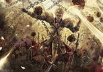  armor bad_id bad_pixiv_id blonde_hair chain earrings enkidu_(weapon) fate/stay_night fate/zero fate_(series) field_of_blades gilgamesh highres jesdset jewelry male_focus planted_sword planted_weapon red_eyes rock sword weapon 