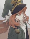  1girl anchor_earrings bow coat collared_shirt earrings green_coat green_eyes green_headwear hair_bow hat highres ishmael_(project_moon) jewelry limbus_company long_hair long_sleeves looking_at_viewer military_hat military_uniform orange_hair project_moon shiqicheng shirt sidelocks simple_background smile solo uniform very_long_hair white_background white_bow white_shirt 