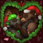 absurd_res animal_humanoid anthro bear brown_bear christmas christmas_clothing christmas_decorations christmas_headwear clothing duo grizzly_bear hat headgear headwear hi_res holidays humanoid kissing love male mammal mammal_humanoid mistletoe naoto plant procyonid procyonid_humanoid raccoon raccoon_humanoid santa_hat ursid_humanoid ursine