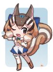  1girl animal_ears blue_background boots brown_eyes brown_hair chipmunk_ears chipmunk_girl chipmunk_tail extra_ears full_body gloves highres kemono_friends kemono_friends_v_project kneehighs looking_at_viewer microphone mugise_hitsuji one_eye_closed ribbon shirt short_hair shorts siberian_chipmunk_(kemono_friends) simple_background socks solo tail vest virtual_youtuber 