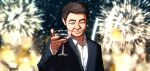  1boy black_hair business_suit commentary cup ddolbang dress_shirt drinking_glass fireworks highres holding holding_cup hololive jacket looking_at_viewer male_focus mature_male meme one_eye_closed shirt suit suit_jacket the_great_gatsby toasting_(gesture) upper_body white_shirt wine_glass wrinkled_skin yagoo 