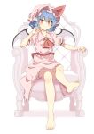 1girl absurdres ascot back_bow barefoot bloomers blue_hair blush bow closed_mouth commentary_request crossed_legs demon_wings eyes_visible_through_hair fang feet frilled_skirt frilled_sleeves frills full_body hair_between_eyes hand_up hat hat_bow highres index_finger_raised looking_at_viewer mob_cap on_chair pink_headwear pink_shirt pink_skirt puffy_short_sleeves puffy_sleeves red_ascot red_bow red_eyes remilia_scarlet seika_okawari shirt short_hair short_sleeves simple_background sitting skirt smile smug soles solo toes touhou tsurime white_background wings 