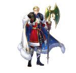  1boy absurdres argon_(exys) bell black_footwear blonde_hair blue_cape blue_eyes brown_gloves cape dimitri_alexandre_blaiddyd dimitri_alexandre_blaiddyd_(blessed_protector) fire_emblem fire_emblem:_three_houses fire_emblem_heroes fur-trimmed_cape fur_trim gloves hair_ornament halberd highres holly holly_hair_ornament looking_at_viewer male_focus multicolored_cape multicolored_clothes official_alternate_costume official_art parted_bangs polearm smile solo weapon white_cape 