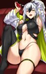  1girl :d akitsuki_karasu armpits black_hair black_panties black_thighhighs blush breasts fate/grand_order fate_(series) green_eyes highres holding large_breasts long_hair long_sleeves looking_at_viewer multicolored_hair nagao_kagetora_(fate) navel open_mouth panties single_thighhigh sitting smile solo stomach thigh_strap thighhighs thighs two-tone_hair underwear white_hair 