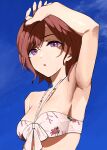  1girl absurdres arm_up armpits bikini blue_sky breasts brown_hair floral_print garuku1120 highres higuchi_madoka idolmaster idolmaster_shiny_colors looking_at_viewer medium_breasts mole mole_under_eye red_eyes shading_eyes sky solo sweat swimsuit upper_body white_bikini 