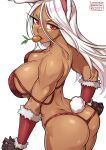  1girl animal_ears ass bare_shoulders black_gloves boku_no_hero_academia bra breasts carrot cleavage collarbone dark-skinned_female dark_skin food_in_mouth from_side fur-trimmed_sleeves fur_trim gloves hair_between_eyes large_breasts long_eyelashes long_hair looking_at_viewer mirko panties panty_pull parted_bangs patreon_username pulled_by_self rabbit_ears rabbit_girl rabbit_tail red_bra red_eyes red_panties red_sleeves redjet sideboob solo strap_slip tail thighs thong toned underwear white_background white_hair 