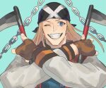  1boy axl_low blonde_hair blue_background blue_eyes brown_gloves fingerless_gloves gloves grin guilty_gear guilty_gear_strive highres kama_(weapon) kusarigama long_hair long_sleeves luci_omi_gusu male_focus one_eye_closed sickle smile weapon 
