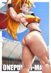  1girl absurdres armpits bare_legs blue_eyes blurry blurry_background breasts captain_mizuki crowd day flag highres holding holding_flag large_breasts long_hair looking_at_viewer looking_back medal muscular muscular_female one-punch_man outdoors parted_lips ponytail smile solo_focus sports_bra standing sweat sweatband thick_thighs thighs yoshio_(55level) 