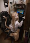  1girl animal_ear_fluff animal_ears blonde_hair cat_ears cat_girl cat_tail chair closed_mouth computer from_behind green_eyes headphones highres indoors keyboard_(computer) komenomoku long_hair long_sleeves looking_back monitor mouse_(computer) no_shoes original shirt sitting sleeves_past_wrists solo tail white_shirt wooden_floor 