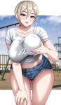  1girl :d ass_visible_through_thighs blue_eyes blue_shorts blush breasts collarbone grey_hair hair_between_eyes heart highres idolmaster idolmaster_cinderella_girls large_breasts leaning_forward looking_at_viewer open_mouth outdoors shiomi_syuko shirt short_hair short_shorts short_sleeves shorts smile solo thighs white_shirt yoohi 