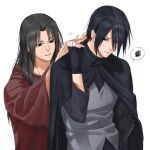  2boys black_cape black_eyes black_gloves black_hair brown_cape cape character_request denggu_5 gloves grey_vest hair_between_eyes hair_ornament highres long_sleeves male_focus multiple_boys naruto naruto_(series) ponytail smile uchiha_sasuke vest 