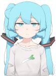  1girl :/ abmayo alternate_costume arms_at_sides collarbone cropped_torso expressionless green_eyes green_hair hair_ornament hatsune_miku highres long_sleeves looking_at_viewer print_shirt shirt simple_background solo twintails upper_body vocaloid white_background 