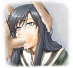  black_hair blue_eyes blur_censor blush censored cum cum_in_mouth fellatio hands_on_another's_head head_grab hetero long_hair maria-sama_ga_miteru ogasawara_sachiko ogino_atsushi oral penis school_uniform solo_focus sweat 