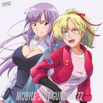  2girls artist_name bare_shoulders blonde_hair blue_eyes blue_tank_top blush breasts brown_eyes cleavage copyright_name earrings efsfksx666s elle_vianno gundam gundam_zz highres jacket jewelry large_breasts long_hair looking_at_viewer medium_breasts multiple_girls open_mouth pantyhose ponytail purple_eyes purple_hair roux_louka short_hair small_breasts smile spandex tank_top upper_body zz_gundam 