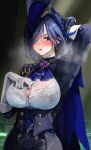  1girl arm_behind_head ascot black_corset black_skirt blue_cape blue_hair blue_headwear blush bra_visible_through_clothes breasts button_gap cape cleavage clorinde_(genshin_impact) corset dark_blue_hair drop_earrings earrings elbow_gloves epaulettes fold-over_gloves genshin_impact gloves hair_lift hair_ribbon hat hat_feather high-waist_skirt highres hominamia jewelry large_breasts long_hair long_sleeves looking_at_viewer low_ponytail multicolored_hair open_mouth parted_bangs pencil_skirt purple_eyes ribbon shirt skirt solo streaked_hair sweat sweaty_clothes tricorne very_sweaty vision_(genshin_impact) white_gloves white_shirt 