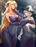  2girls absurdres alternate_costume artist_logo ass bare_shoulders black_dress black_headwear blonde_hair breasts cleavage closed_mouth cogita_(pokemon) covered_navel cynthia_(pokemon) dress elbow_gloves flower formal gloves grey_eyes grey_hair hair_ornament hair_over_one_eye hand_up hat hat_flower highres large_breasts light lips long_hair looking_at_viewer mature_female multiple_girls outdoors pokemon pokemon_dppt pokemon_legends:_arceus pokemon_platinum rinku_bny short_hair smile sun_hat very_long_hair white_gloves 