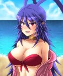  1girl bikini bikini_top_only blue_hair blush breasts cleavage collarbone disgaea disgaea_d2 disgaea_rpg genderswap genderswap_(mtf) hair_between_eyes hizuki_rei hood hoodie jewelry laharl-chan long_hair looking_at_viewer open_mouth pointy_ears red_bikini red_eyes slit_pupils solo swimsuit very_long_hair 