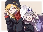 2girls absurdres alternate_costume black_headwear blonde_hair futomoy hand_on_another&#039;s_arm highres hololive hololive_english hololive_indonesia kaela_kovalskia koseki_bijou looking_at_viewer multiple_girls purple_eyes red_eyes white_hair white_headwear 