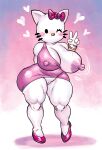 &lt;3 absurd_res anthro areola big_breasts black_eyes bow_ribbon breasts clothing domestic_cat dress felid feline felis female footwear genitals gesture goudadunn hello_kitty_(character) hello_kitty_(series) hi_res high_heels huge_breasts mammal nipple_outline nipples one_breast_out one_eye_closed pink_areola pink_nipples pussy sanrio solo thick_thighs v_sign whiskers white_body wink